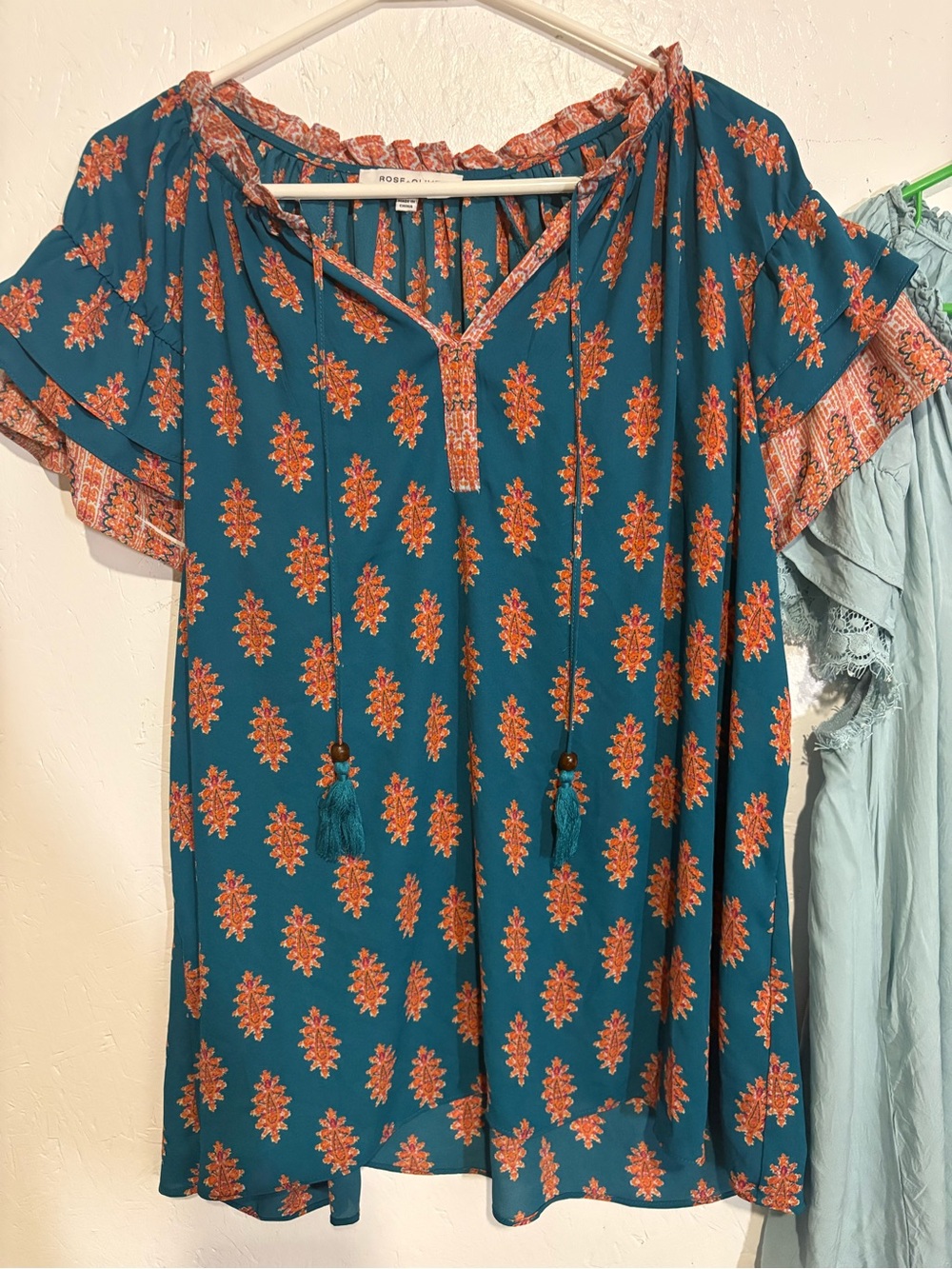Rose & Olive Teal and Light Blue Boho Tie-Front Women’s Tops - Picture 3 of 11